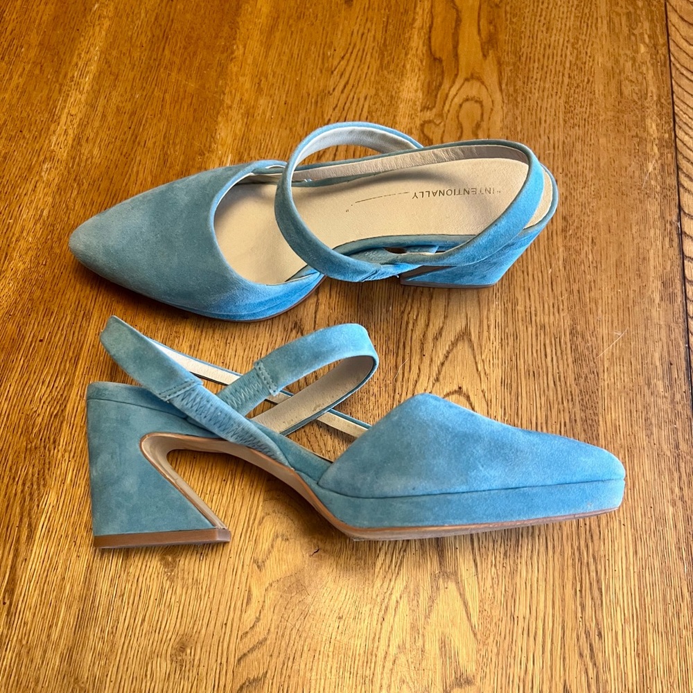 INTENTIONALLY BLANK Blue Suede Slingback Block Heels